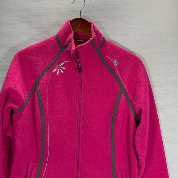 Eddie Bauer Jacket Womens Large Pink Fleece Full Zip Pockets Floral Embroidery - Picture 2 of 11